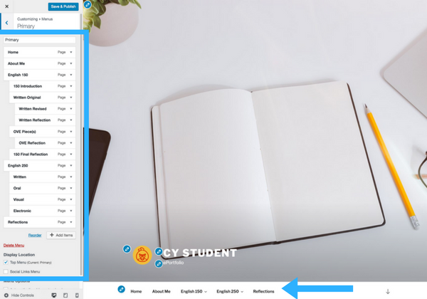 The customize panel screenshot step 6b view of the menu items and how they display on the front page