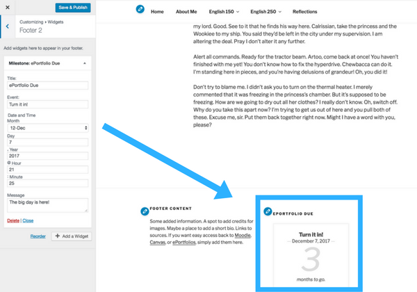 The customize panel screenshot step 7d adding a milestone countdown widget in your footer