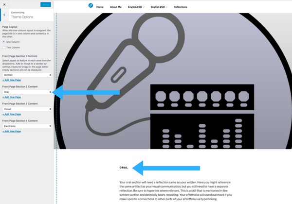 The customize panel screenshot step 9b theme options view of oral page