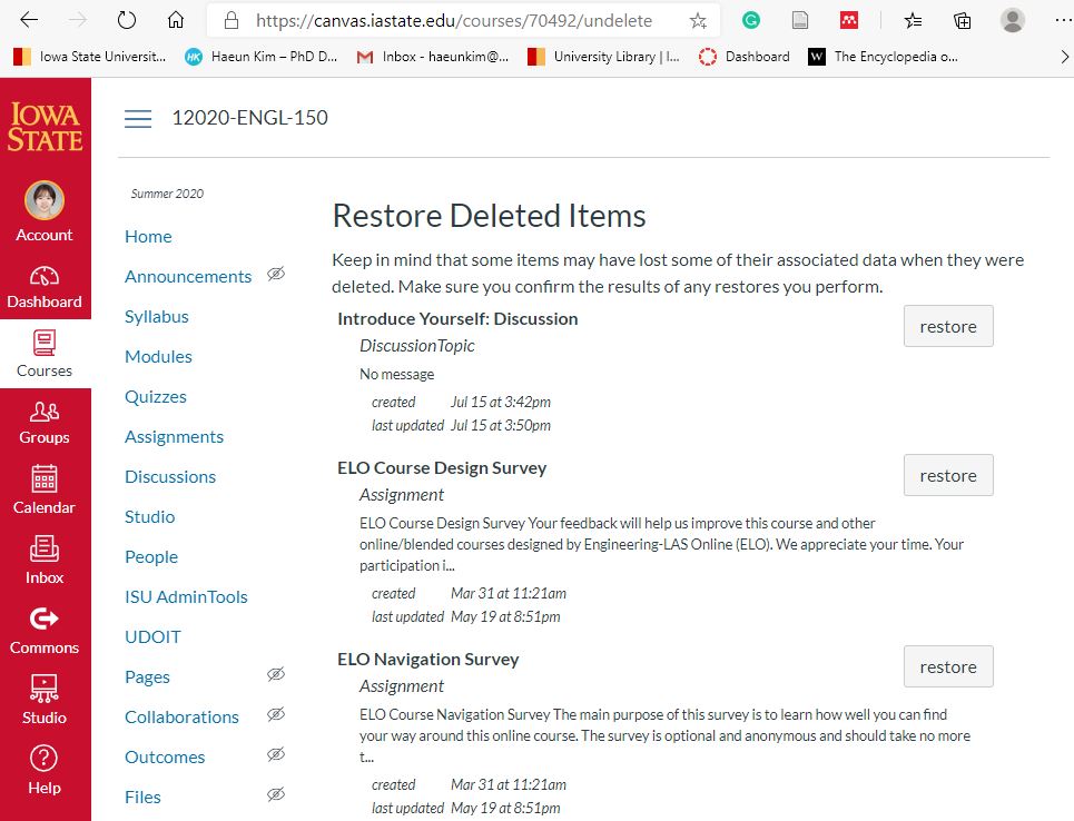 Restore Deleted Items page