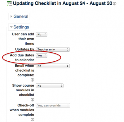 Screenshot 5: The "Add due dates to calendar" dropdown bar is located under the settings dropdown box.