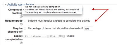 Screenshot 7: The "Completion tracking" options can be found under the "Activity Completion" dropdown box.