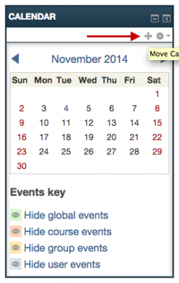 Screenshot 3: A red arrow points to a four direction symbol that you may use to move the calendar.