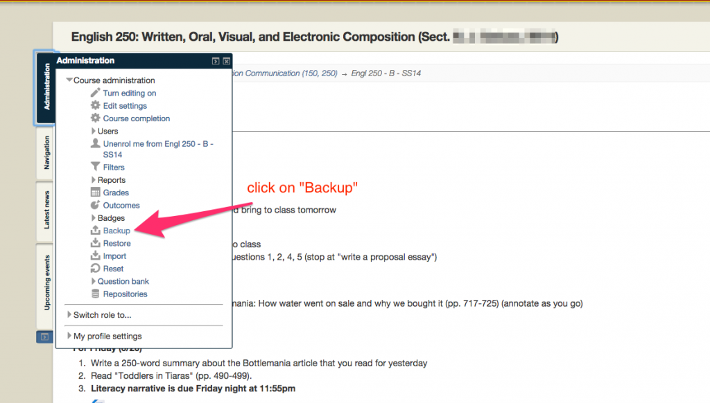 Back up Moodle course screenshot 1