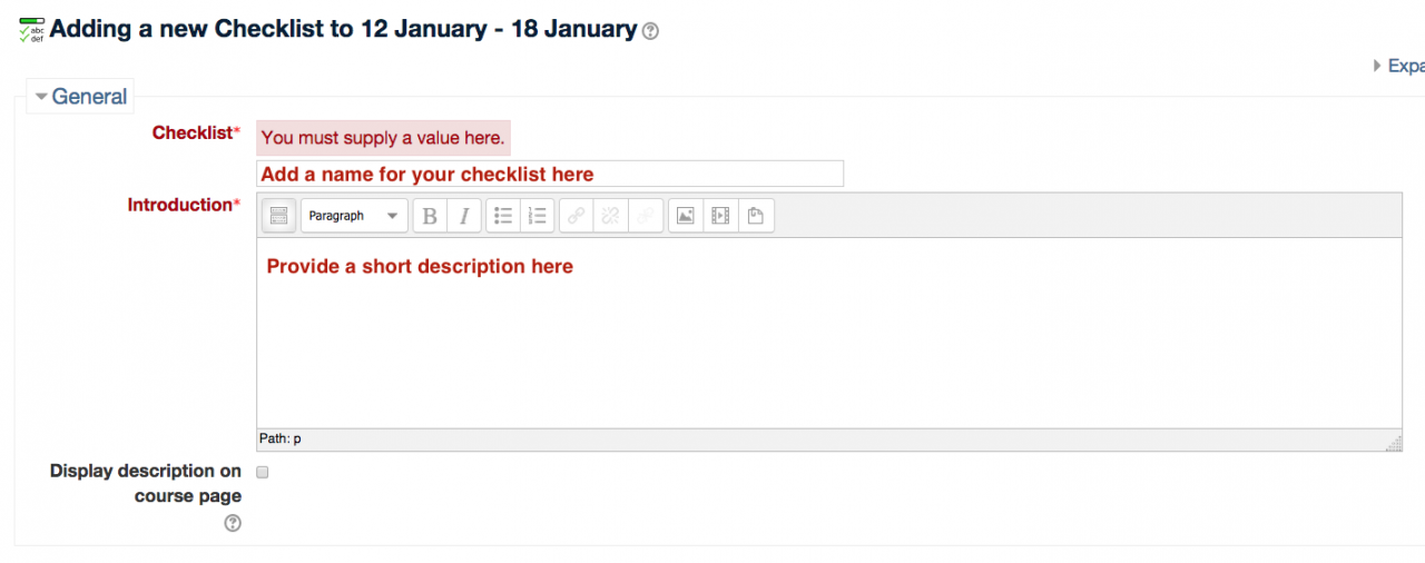 Screenshot 4: Text fields allow for you to decide a checklist name and  an introductory description.