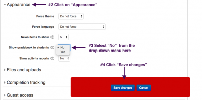 This screenshot shows how to change the "Show gradebook to students" option to "No."