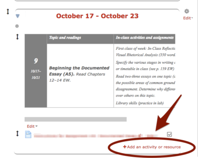 Image of a screenshot demonstrating how to click on the "+Add an activity or resource" button.