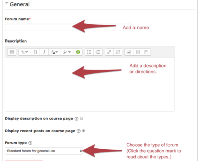 Screenshot showing how to first, add a name; second, add a description or directions; last, choose the type of forum.