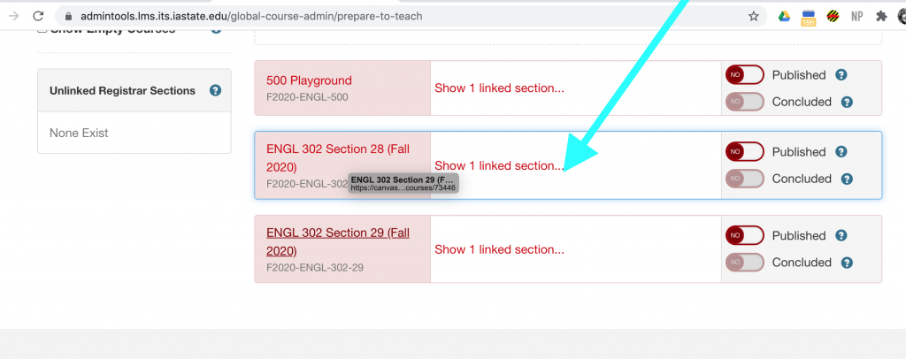 Click "Show 1 linked section" for each course to see available sections.