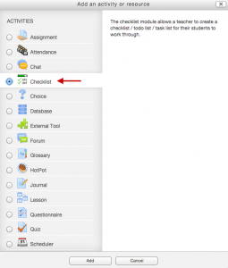Screenshot 3: The checklist option is under the activities subheading in the add an activity or resource dialog box.