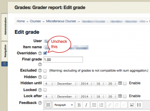 Screenshot 5: The "overridden checkbox is located below the "Edit Grade" subheading. Uncheck this.