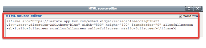 Screenshot 10: The HTML source editor will bring up a box where you may past the embed code.