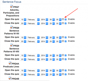 Screenshot 3: A view of what happens when you select activity types as "quiz." Every assignment has 2 rows of dropdown bars to select dates, one for opening the quiz, and one for closing it.