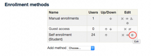 Screenshot 2: The gear button is found in the edit column of the self-enrollment row box.