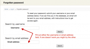 Screenshot 2: The option to search by username or email address are located under the "Forgotten password" box.
